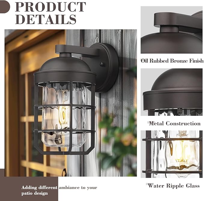 Emliviar Retro Wall Lamp Wall Mounted for House Medium 1-Light Exterior Wall Lighting with Metal Cage Oil Rubbed Bronze with Water Ripple Glass Shade GE255BL ORB-WG