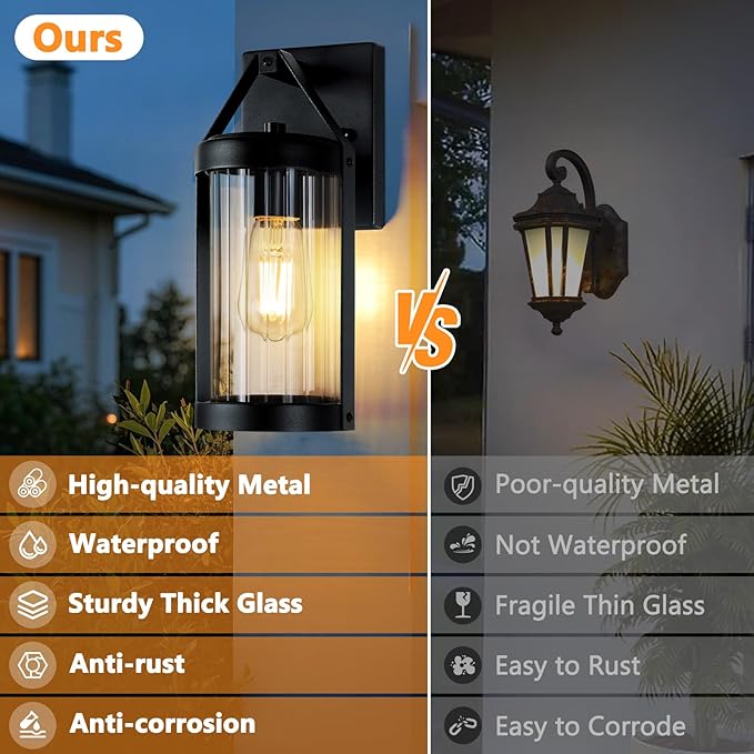 Brightever Outdoor Wall Light Fixtures Waterproof Matte Black Exterior Wall Lantern Sconce Porch Lights Outside Lighting with Clear Ribbed Glass for House Garage Front Door 2-Pack