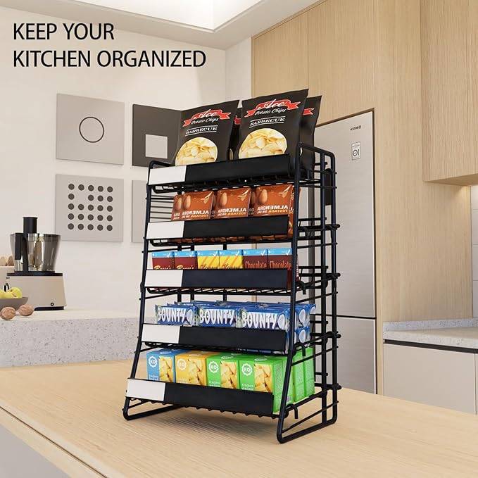 Candy Display Rack Black Snack Rack 5 Tier Metal Snack Organizer for Counter Retail Display Shelf for Store Concession Kitchen