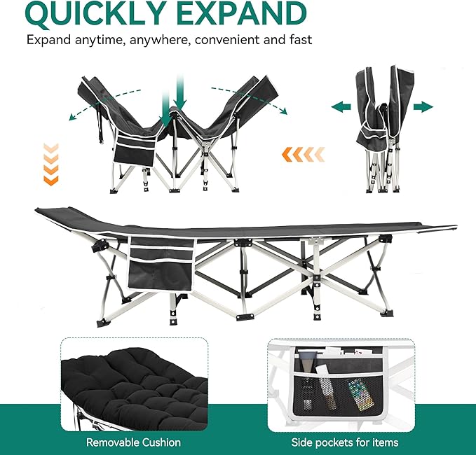 YITAHOME 2 Pcs Camping Cots w/Mattress Portable Lounge Chair Outdoor Folding Cot Heavy Duty 575 LB Capacity 1200D Oxford w/Carry Bag Travel Camp Bed for Camping Office Traveling Black