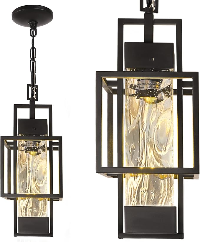 15 Outdoor Indoor Pendant Light Exterior Hanging Lantern Modern Black Metal Outside Chandelier Light Fixture Ceiling Mount with Water Glass for Front Porch Entrance Foyer Entryway (Bulb Included)