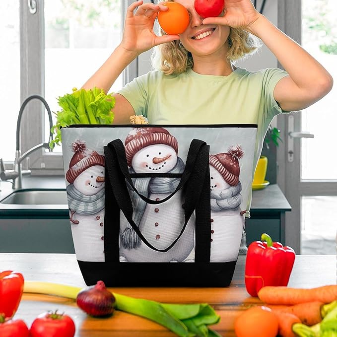 Insulated Shopping BagLarge Reusable Cooler Bags Winter Snowman Printed Foldable Shopping BagTravel Waterproof Shoulder Bag