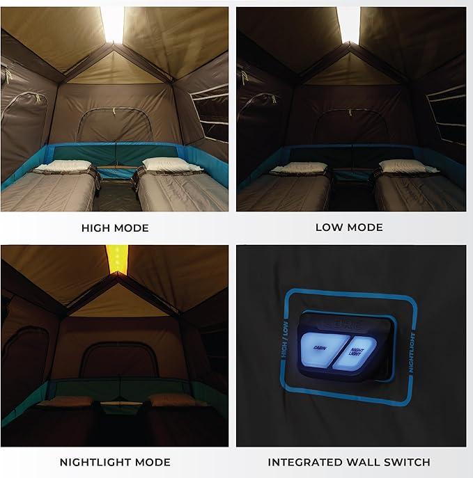 CORE Instant Cabin Tents with LED Lights | 6 Person / 9 Person / 12 Person Family Multi Room Lighted Pop Up Tents for Camping | Included Storage Pockets for Camping Accessories