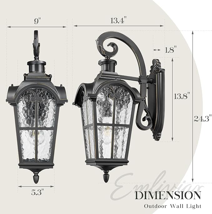 Emliviar 24 Motion Sensor Outdoor Light Fixtures Wall Mount Aluminum Exterior Porch Light in Black Finish with Gold Edges Outside Wall Light with Water Glass WE305BL-SE BG-SW