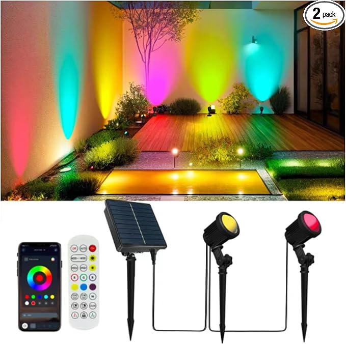Smart Landscape SpotlightsSolar Low Voltage IP67 Waterproof Outdoor Spot Lights Compatible with APP/Remote Control Color Changing Lights for Yard Garden Pathway Lawn Tree Festival 2pack