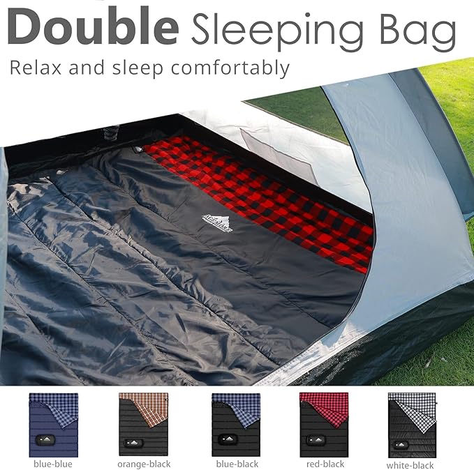 AGEMORE Cotton Flannel Double Sleeping Bag for Camping Backpacking Or Hiking. Queen Size 2 Person Waterproof Sleeping Bag for Adults Or Teens. Lightweight with Compression Sack