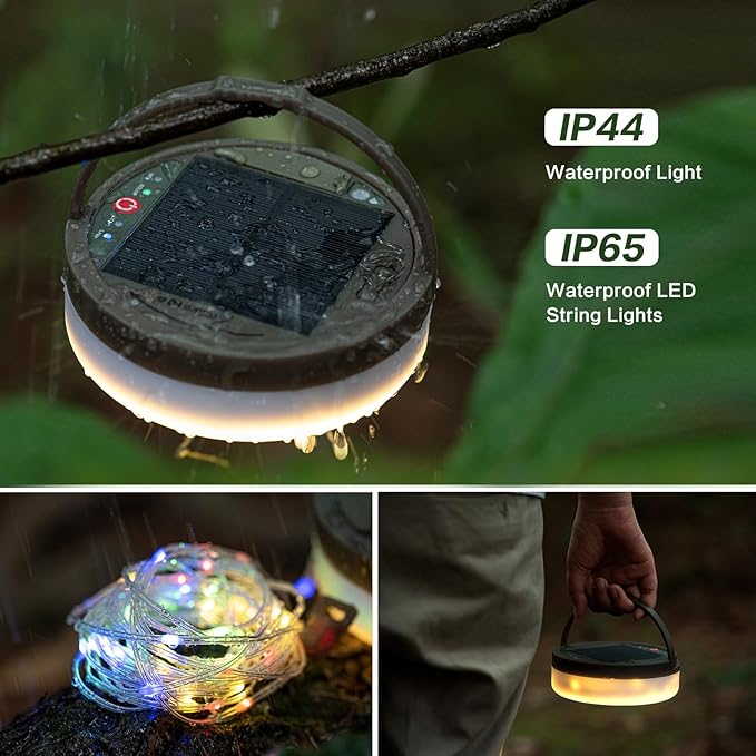 Solar Camping String Lights 4 in 1 Camping String Lights Outdoor(39.4ft) with 8 Lighting Modes Solar Powered and USB Rechargeable Light with Remote Control for Camping Yard and Hiking