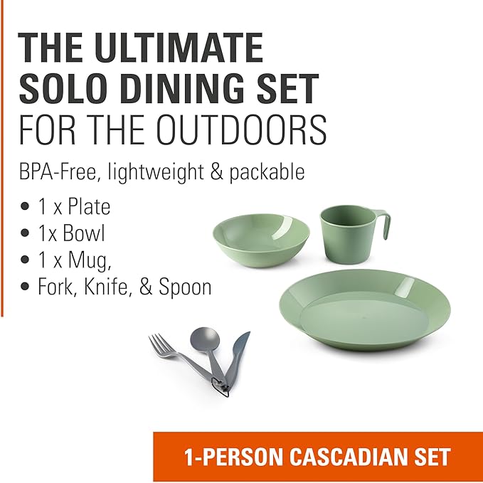 GSI Outdoors Cascadian 1 Person Table Set I 6-Piece Camping Backpacking Mess Kit Plastic BPA Free Plate Bowl Mug Cup &amp Cutlery Set
