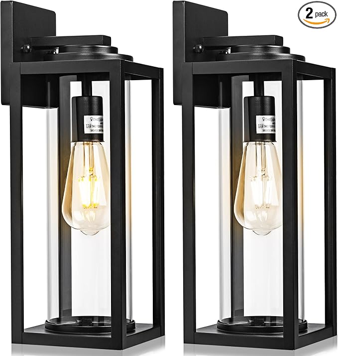 20inch Large Outdoor Wall Lights - 2 Packs Modern Black Exterior Light Fixture with Clear Glass Shade Waterproof Porch Lighting for House Farmhouse Sconces Lantern for Front Door Garage