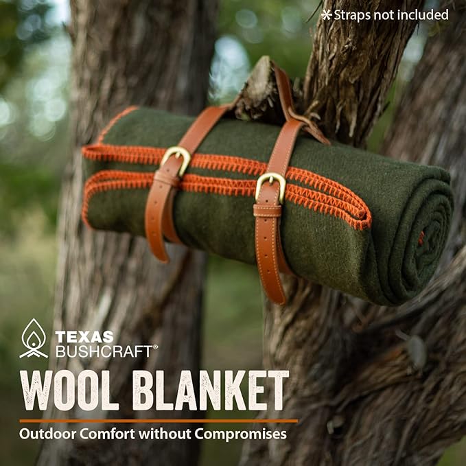 Texas Bushcraft Merino Wool Blanket for Camping Hiking and Backpacking - Water and Fire Resistant Camp Car Blanket Fast-Warming and Durable With Double-Stitched Edging (66 x 90)