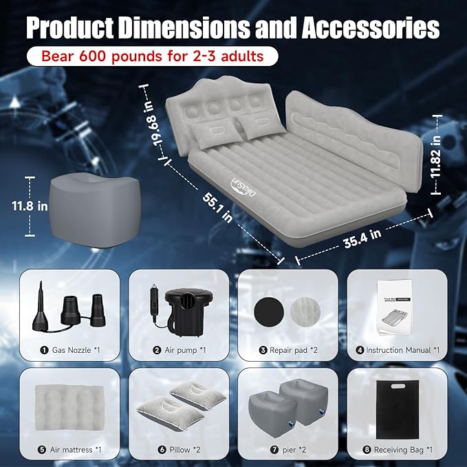 Car Air Mattress Inflatable SUV Truck Car Camping Mattress for Back Seat Thickened Travel Car Bed Sleeping Pad with Car Air Pump 2 Pillows (Grey)