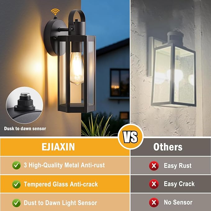 Dusk to Dawn Outdoor Lighting Fixtures Black Waterproof Sconce Outside Lamp Exterior Wall Sconce Front Door Porch Wall Mount Light Fixtures Anti Rust Wall Lantern for Garage Doorway