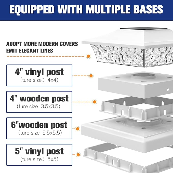 VOLISUN Solar Post Cap Lights Outdoor 4x4/6x6 Wooden/Vinyl Fence Cap Lights for Patio/GardenWarm White with 2 Lighting Modes WaterproofABS Shell Lens White (6 Pack)
