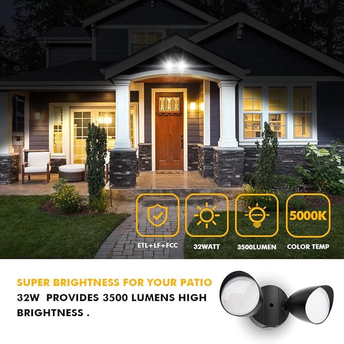 LUTEC 6222B-D2D 3500 Lumen 32 Watt Dusk to Dawn Dual-Head Flood Light Outdoor Waterproof Exterior Security Floodlight Light Full Metal Design for Patio Garden Yard-Black