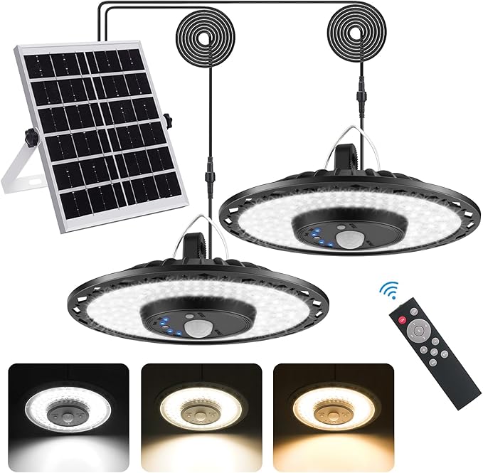 Auzev Shed Lights Solar Powered Indoor Outdoor 3000LM Pendant Light with Switch Remote Timer 3 CCT IP65 Waterproof for Barn Gazebo Garage Shop Interior Home Daytime Available