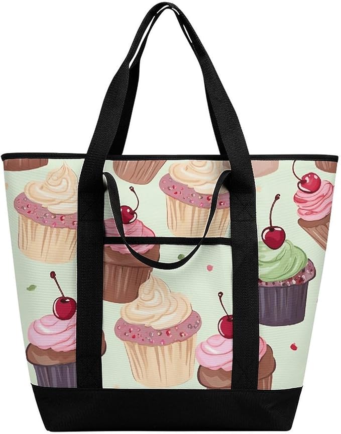 Insulated Shopping BagLarge Reusable Cooler Bags Cupcake Printed Foldable Shopping BagTravel Waterproof Shoulder Bag