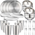 Jinei 30 Pcs 304 Stainless Steel Dinner Set Stainless Steel Plates and Bowls Include Plates Bowls Cups Forks Spoons Utensil Reusable Metal Camping Dinnerware Tableware for Kitchen (SilverLarge)