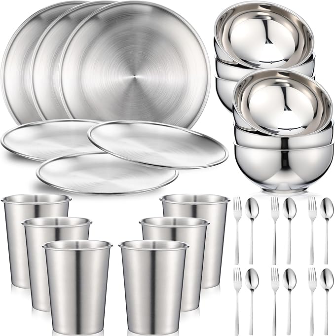 Jinei 30 Pcs 304 Stainless Steel Dinner Set Stainless Steel Plates and Bowls Include Plates Bowls Cups Forks Spoons Utensil Reusable Metal Camping Dinnerware Tableware for Kitchen (SilverLarge)