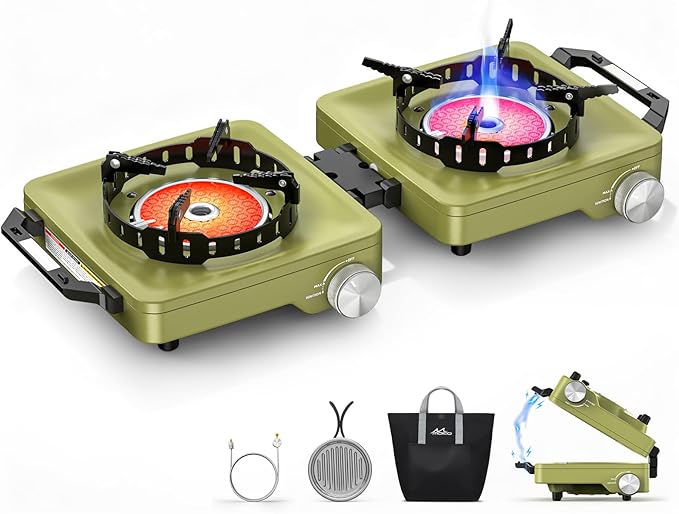 MoKo Propane Camping Stove 2 Burner 36000 BTU Infrared &amp Open Flame Hybrid Windproof Folding Portable Outdoor Gas Cooking Kit with Frying Pan &amp Carry Bag For RV Tailgating Survival Green
