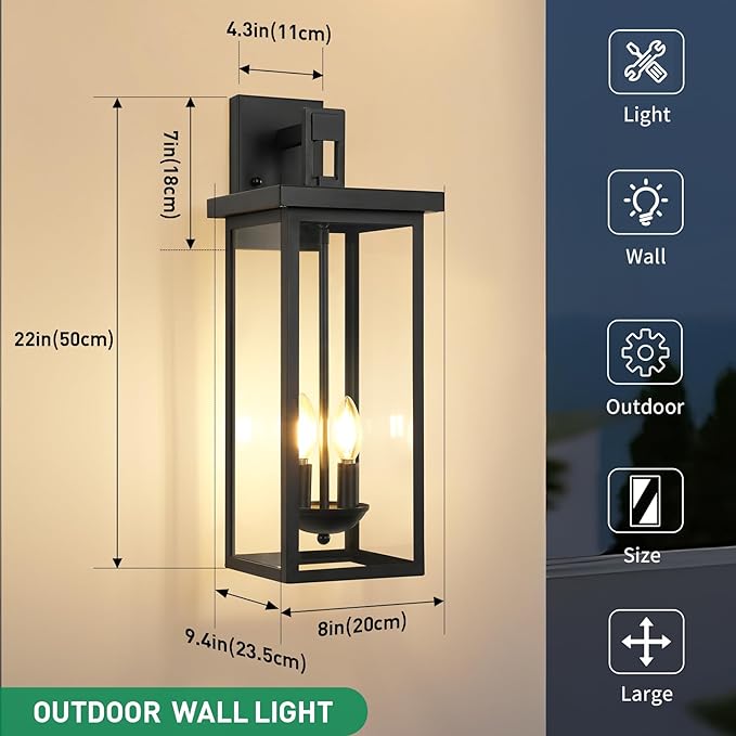 22 Inch Large Black Outdoor Wall Lights Exterior Lighting FixturesOutside Lights for HouseFront Porch LightWaterproof Outdoor Wall Sconce Light Carriage Exterior LightsE12 Base*2