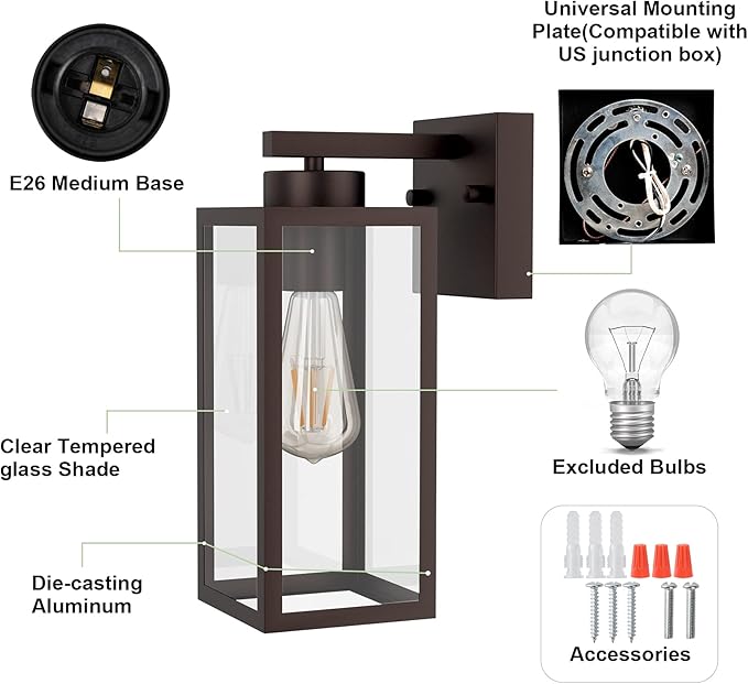 Tipace Outdoor Wall Lantern 2 Pack Brown Exterior Wall Sconce with Clear Glass Shade Wall Mount Lights for EntrywayPorchDoorway(Bulb Not Included)