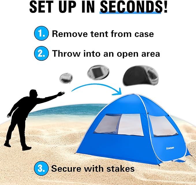 Pop Up Beach Tent for 4 Person with UPF 50+ ProtectionAutomatic Easy Setup Waterproof Beach ShadeLightweight and Portable Beach Tent Sun Shelter - Dark Blue