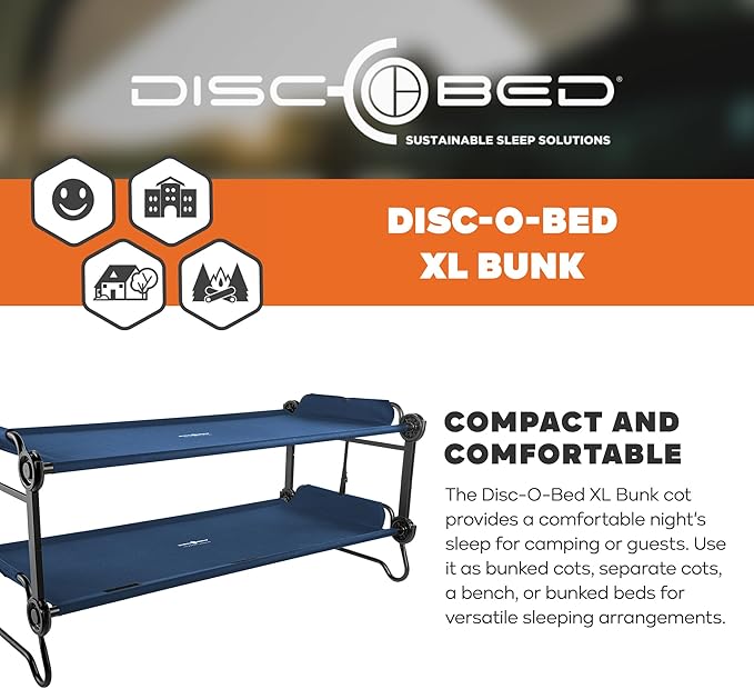 Disc-O-Bed Extra Large Portable Bunk Camping Cots with Carry Bags - Heavy-Duty Indoor or Outdoor Sleeping System Converts to Bench or Separate Beds 500 lb Weight Capacity Per Cot Navy