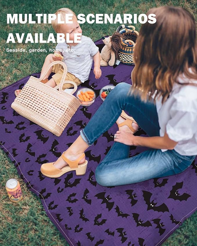 Beach Blanket Waterproof Sandproof Scary Halloween Bat Ombre Quick Drying Beach Mat with 4 Stakes Black and Purple Lightweight Picnic Blanket for Travel Camping Outdoor 83x79