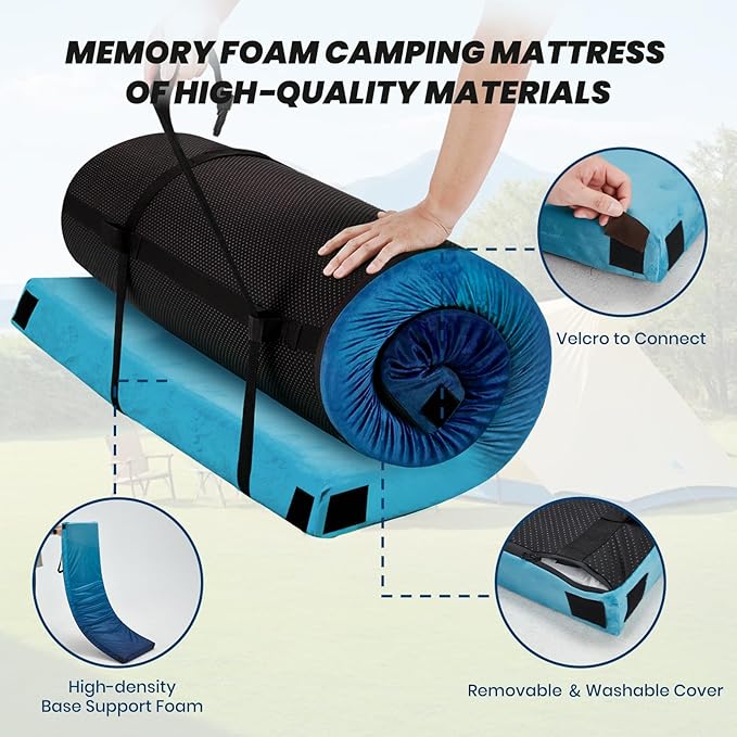 Memory Foam Camping Pad Camping Sleeping Pad Camping Mattress Pad with Pillow &amp Travel Bag Portable Floor Mat Roll Up for Guest Adults Side Sleepers Indoor Outdoor Travel