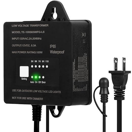 100W Low Voltage Landscape TransformerWaterproof Low Voltage Transformer with Timer and Photocell Sensor120V AC to 12V DC Landscape Lighting Transformer for Outdoor LED Spotlight Path Light
