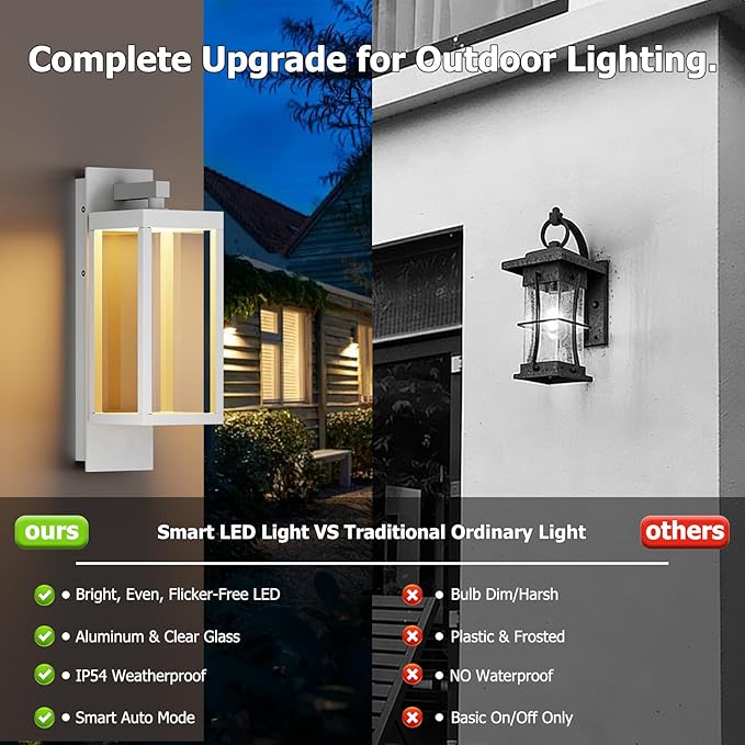 Dusk to Dawn Outdoor Wall Light 15 inch Exterior Light Fixture Wall Mount for House Front Porch Light White Anti-Rust Aluminium Exterior Wall Sconce Lamp with Tempered Glass for Doorway Garage