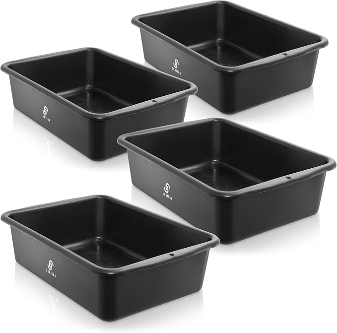 Jubilee 4-Pk Plastic Storage Bin 20L Black Bus Utility Tub – Heavy Duty Commercial Dishwashing Box for Restaurant Kitchen Organization and Storage