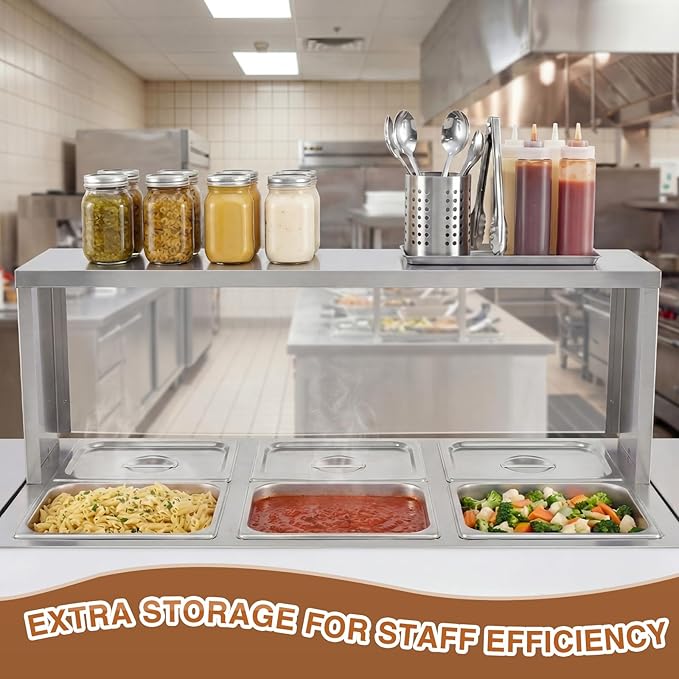 Zonon 43 Wide Steam Table Overshelf with Sneezeguard Compatible with Three-Well Steam Durable Stainless Steel Easy Installation Commercial Electric Hot Food Table Overshelf for Food Protection