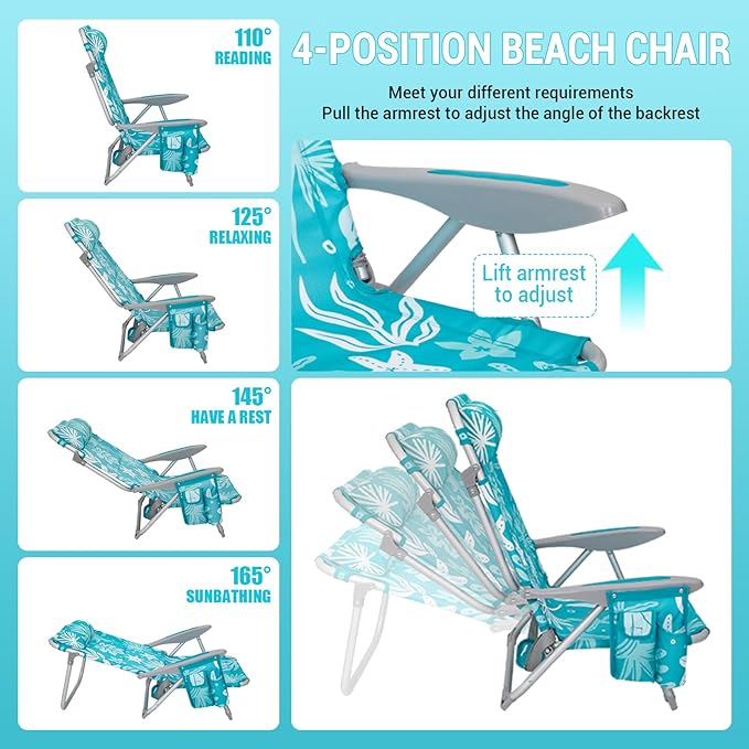#WEJOY Beach Chair for Adults Reclining Adjustable PositionLay Flat Lightweight Folding Portable Aluminum Chair with Backpack StrapsPadded headrest Heavy Duty 400 lbs Lawn Chair for Beach 2 Pack