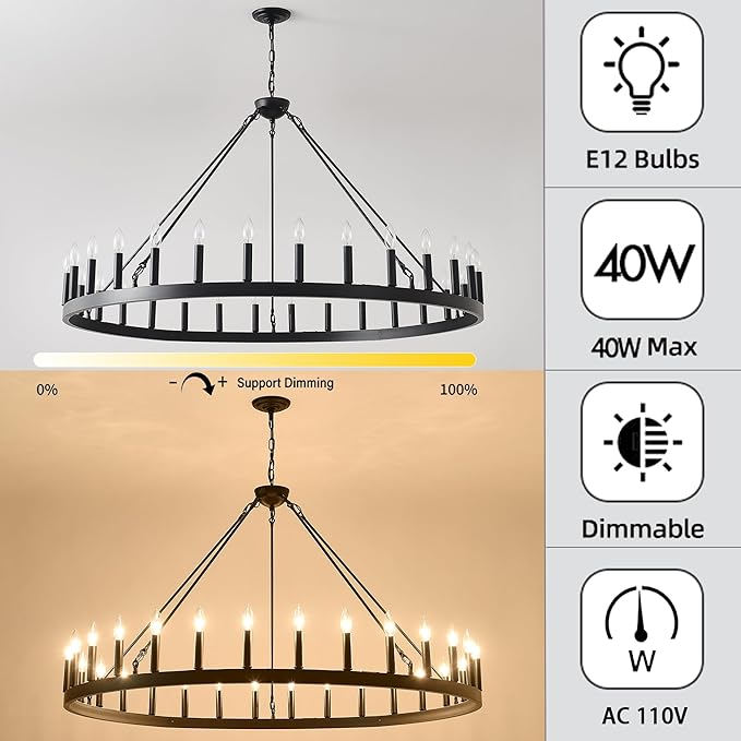 53 Inch Black Extra Large Wagon Wheel Chandelier 30-Lights Farmhouse Industrial Round High Ceiling Pendant Light Adjustable Chain for Dining Room Living Room