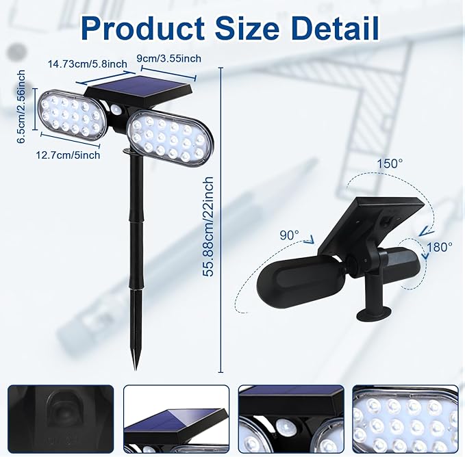 EMANER Motion Solar Lights Outdoor Solar Floodlight Stay On or Motion Sensor Mode Dusk to Dawn Security Light Landscape Spotlights for Garage Fence Driveway Solar Powered 2-Pack