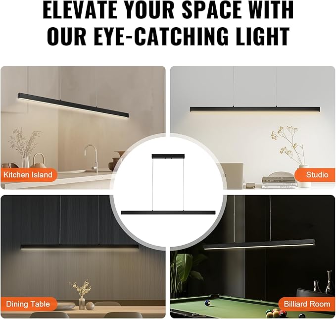 VEVOR Dimmable Linear Pendant Light 20W 47 in LED Linear Light Fixture Chandelier with Acrylic Lampshade 3000K / 4000K / 6500K Color Temperature Adjustable Height for Dining Room Kitchen Island