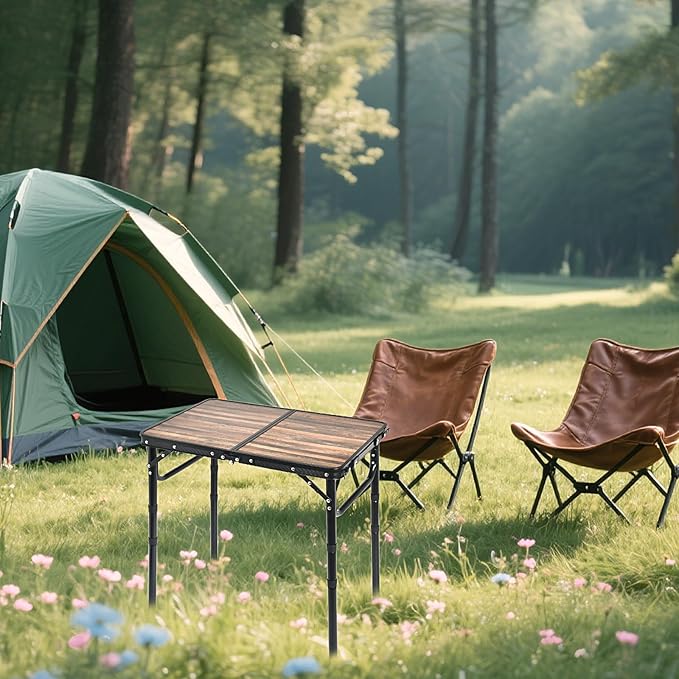 Aluminum Folding Table - Premium Portable Lightweight and Adjustable Camping Table for Outdoor Adventures Picnics and Home Use - Durable and Compact Design 2ft with Carry Handle (Wood Grain)