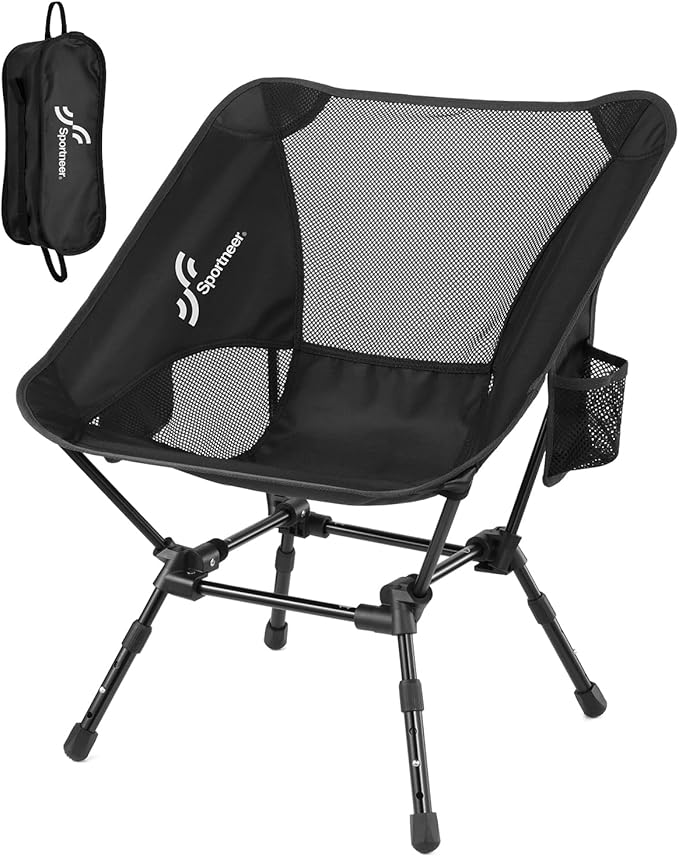Sportneer Lawn Chairs: 3 Heights Adjustable Camping Chairs for Adults with 2 Side Pockets - Compact &amp Portable Folding Chairs for Outside Backpacking Hiking Picnic and Travel (1 Black)