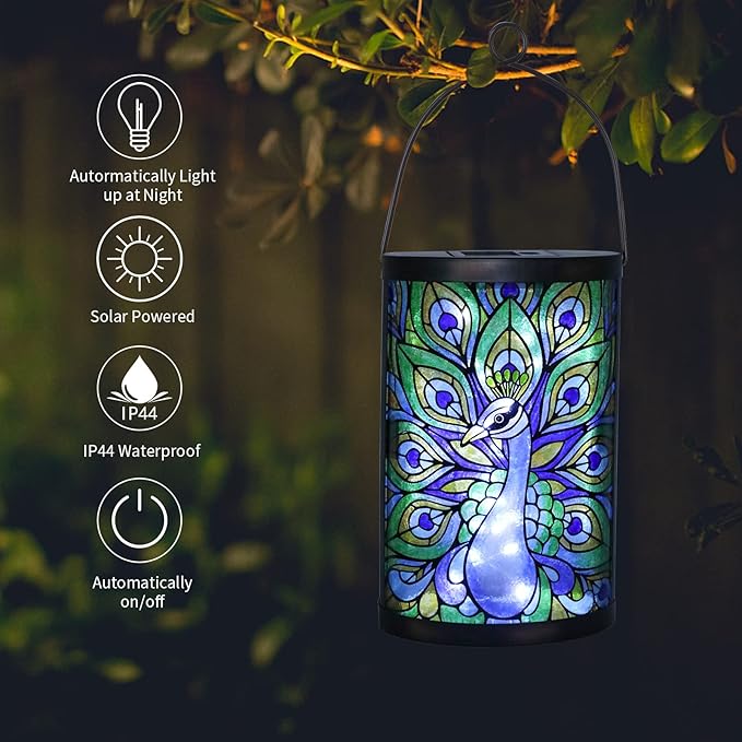 Afirst Solar Lantern Outdoor Hanging Glass Peacock Solar Lights Waterproof Led Lamp for Garden Yard Tree Desk Decor