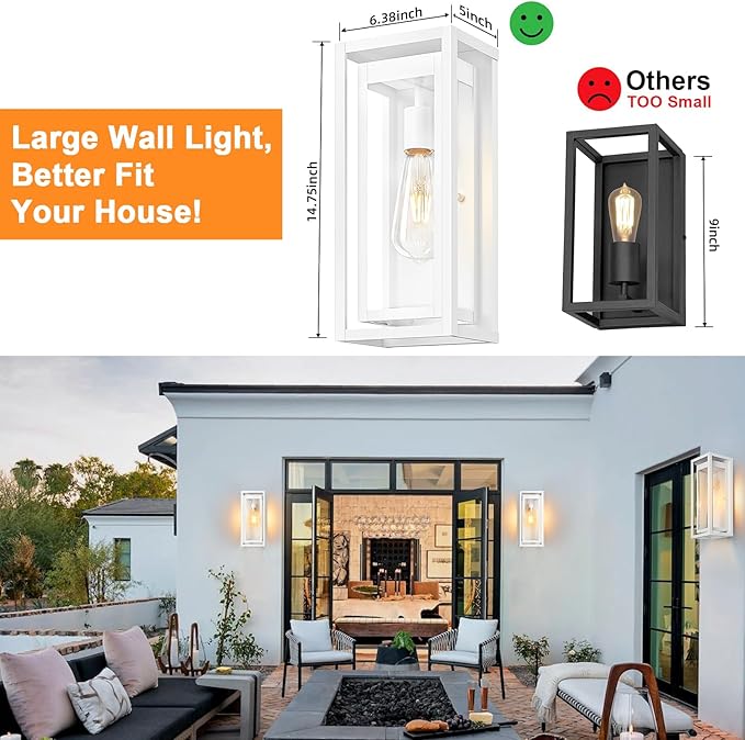 15 Large Outdoor Light Fixture Wall Mount White Outdoor Sconce Lights Modern Waterproof Exterior Porch Lights with Clear Glass Shade for Front Door Garage 1 Pack