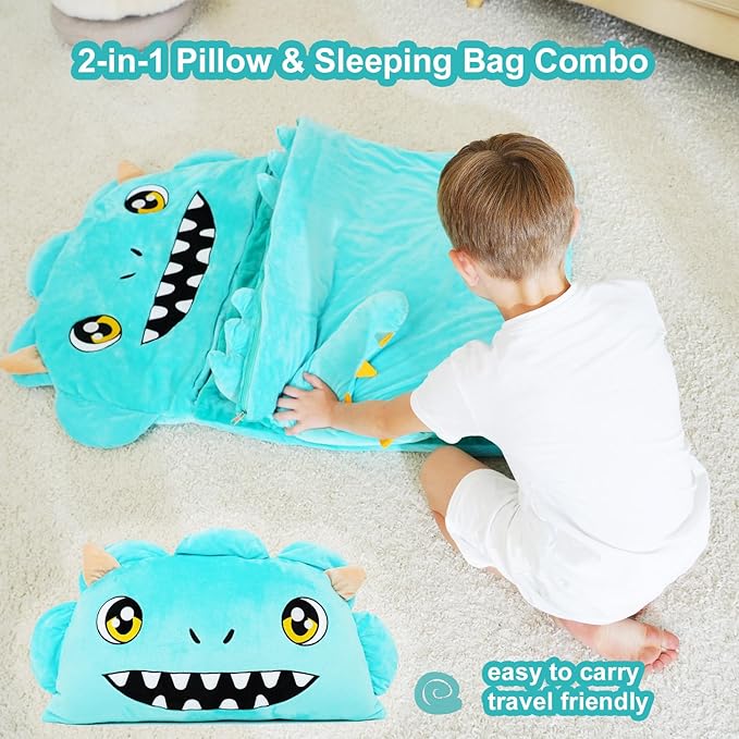 Kid Sleeping Bag with Pillow - Larger Nap Mat - Plush Slumber Bag for Boys Girls Daycare Preschool Kindergarten Birthday Gift Travel Sleepover Ages 3-12 Years