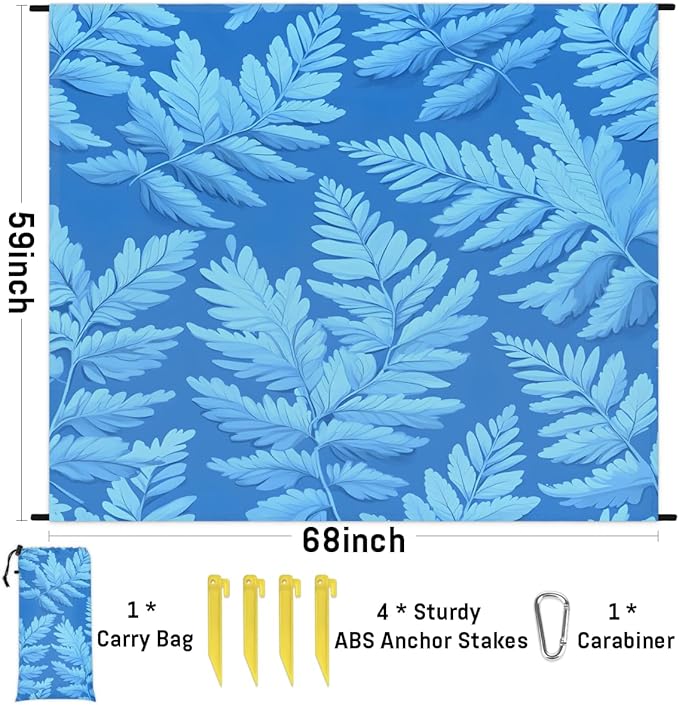 Waterproof Sandproof Beach Blanket 59''×68'' Ferns Leaves Polyester Outdoor Picnic Blanket with 4 Stakes &amp Storage Bag for BeachCampingVacation Blue