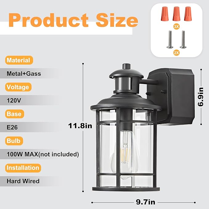 Patio Wall Light Fixture with Dual GFCI Outlets Outdoor Light with Outlet Motion Sensor with 3 Sensor Modes &amp Dusk-to-Dawn Vintage Industrial Black Outdoor Lantern for Porch Patio Garage Entry