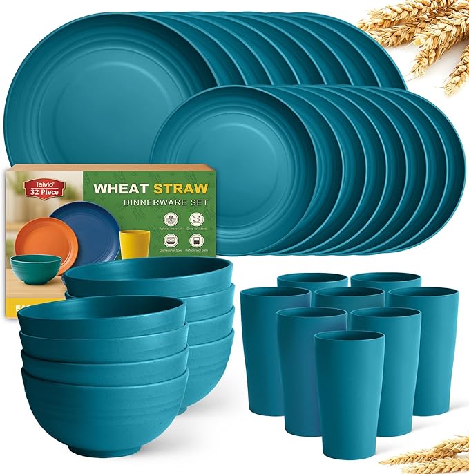 Teivio 32-Piece Kitchen Plastic Wheat Straw Dinnerware Set Service for 8 Dinner Plates Dessert Plate Cereal Bowls Cups Unbreakable Colorful Plastic Outdoor Camping Dishes Dark Blue