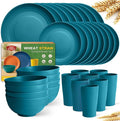Teivio 32-Piece Kitchen Plastic Wheat Straw Dinnerware Set Service for 8 Dinner Plates Dessert Plate Cereal Bowls Cups Unbreakable Colorful Plastic Outdoor Camping Dishes Dark Blue