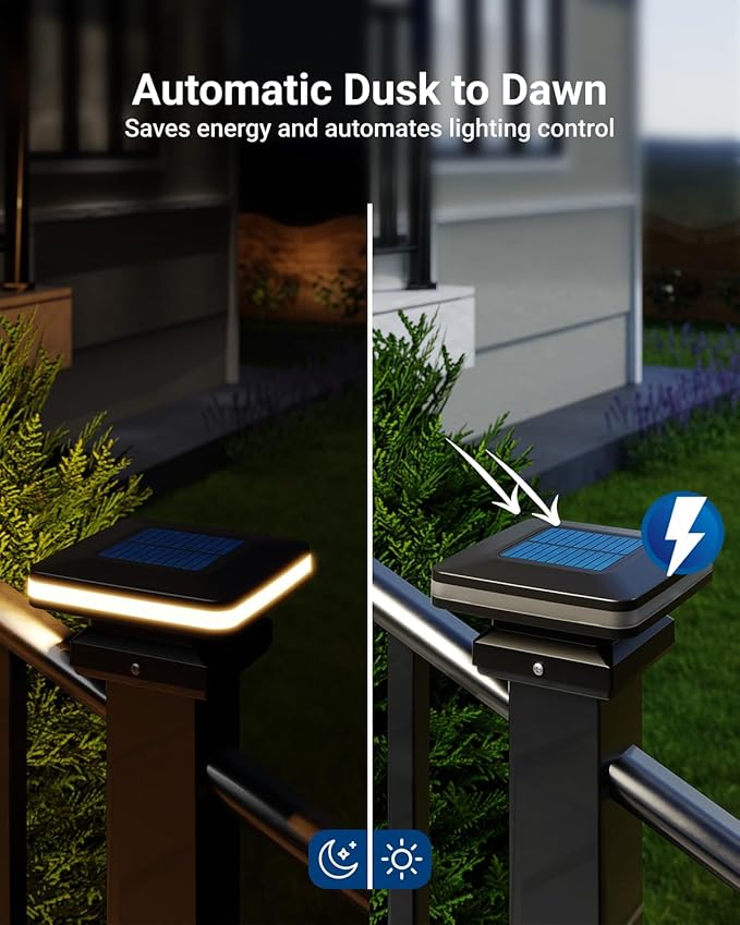 Sunco 6 Pack Solar Post Lights Outdoor Dusk to Dawn Black Square Solar Powered Landscape Lights for Yard Garden Lawn 2W 120 LM 2CCT: 2700K 4000K 2 Brightness Levels: Low 50% High 100%.