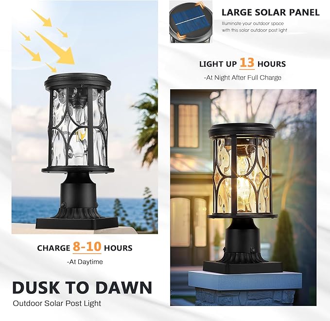 zeyu Outdoor Solar Column Light with Pier Mount Exterior Post Lighting Fixture with Remote Die-Cast Aluminum with Water Ripple Glass Shade Black Finish ZX48P-WG SL BK