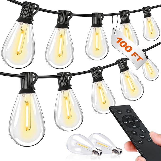 Tenmiro 100FT LED Outdoor String Lights with Remote 35+ 1 Shatterproof Bulbs Waterproof and Dimmable Patio Lights for Porch Garden Backyard Deck Balcony 2700K Hanging Lighting