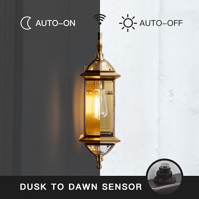 18.5''H Dusk to Dawn Sensor Outdoor Wall Light Fixture Golden Copper Porch Light with Tempered Glass Exterior Lighting Wall Mount for GaragePorchPatioOil-Rubbed BrassE26 Socket1 Pack